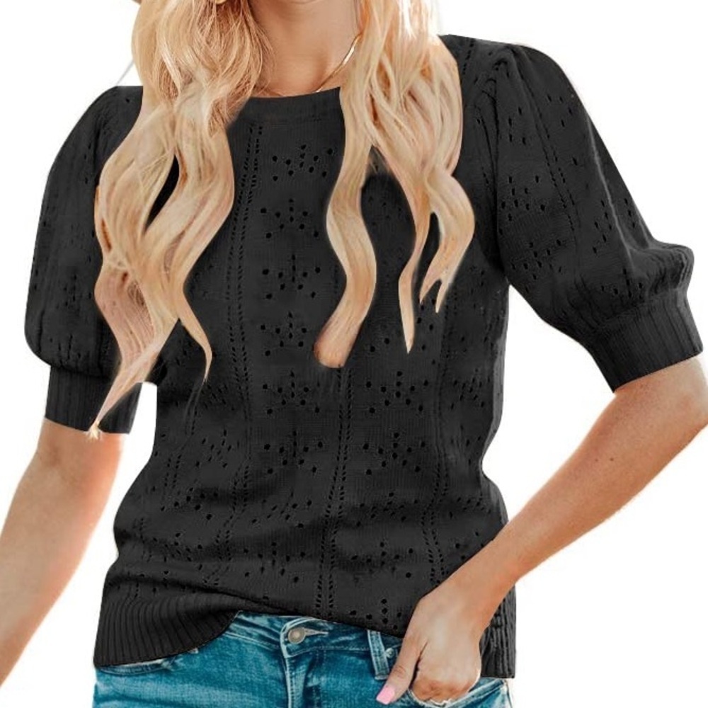 Merokeety Black Puff Sleeve Pointelle Knit Sweater Top Small - Picture 4 of 8